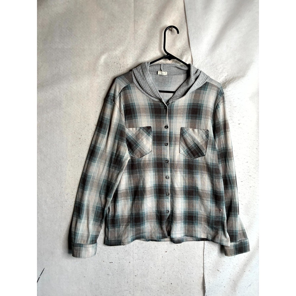 BKE Hooded Shirt Women Multicolor Plaid Knitted Stretch Double Pockets Button Up